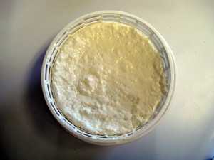 view from above of ricotta cheese setting in a form basket