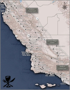 a map of the Central Coast with major towns and roads listed