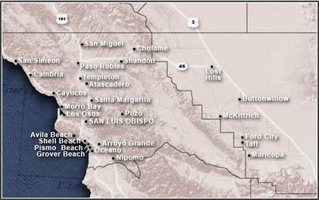 a map of SLO County with major towns listed