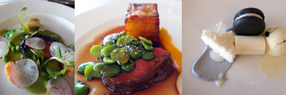 a montage of fancy dishes: abalone, rib eye, and lavender mousse