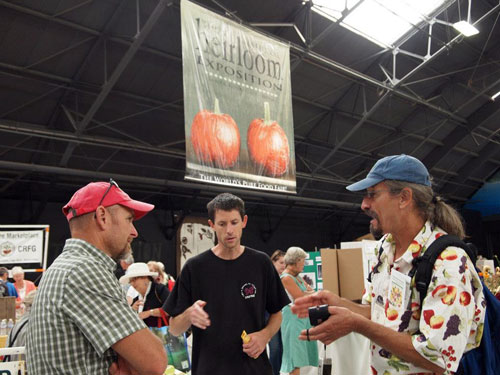 John Valenzuela discusses fruit trees with Mr. Spice and our friend Dave at the National Heirloom Expo in September 2012, Santa Rosa