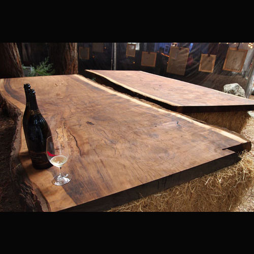 redwood slabs and wine glass