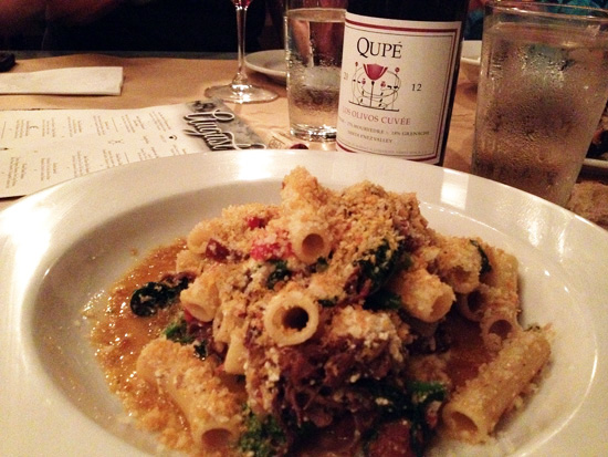 Qupé's Los Olivos Cuvée paired perfectly with their Beef Short Rib & Rapini Pasta