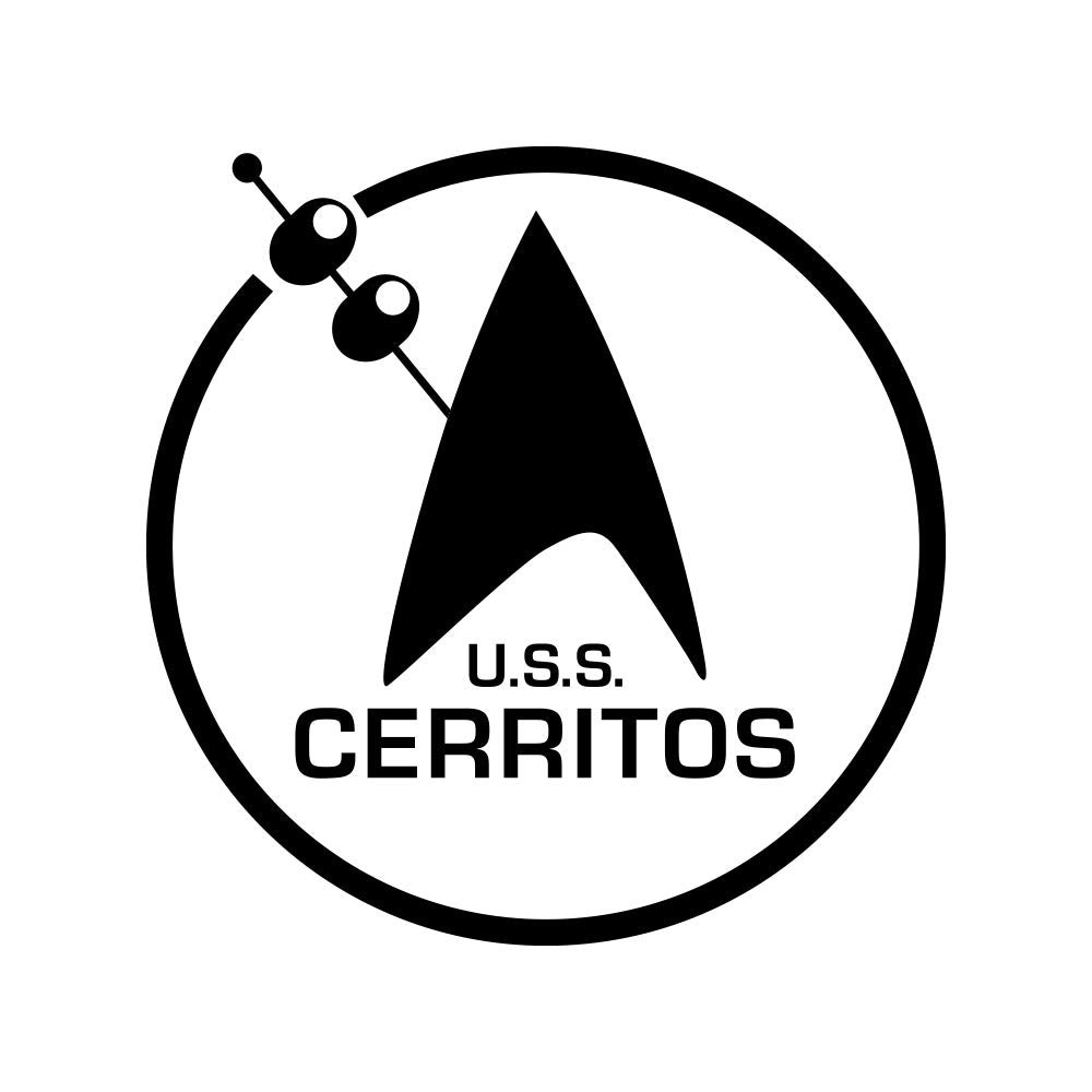 A black and white graphic with a couple of olives on a toothpick tucked into a Star Trek delta shield